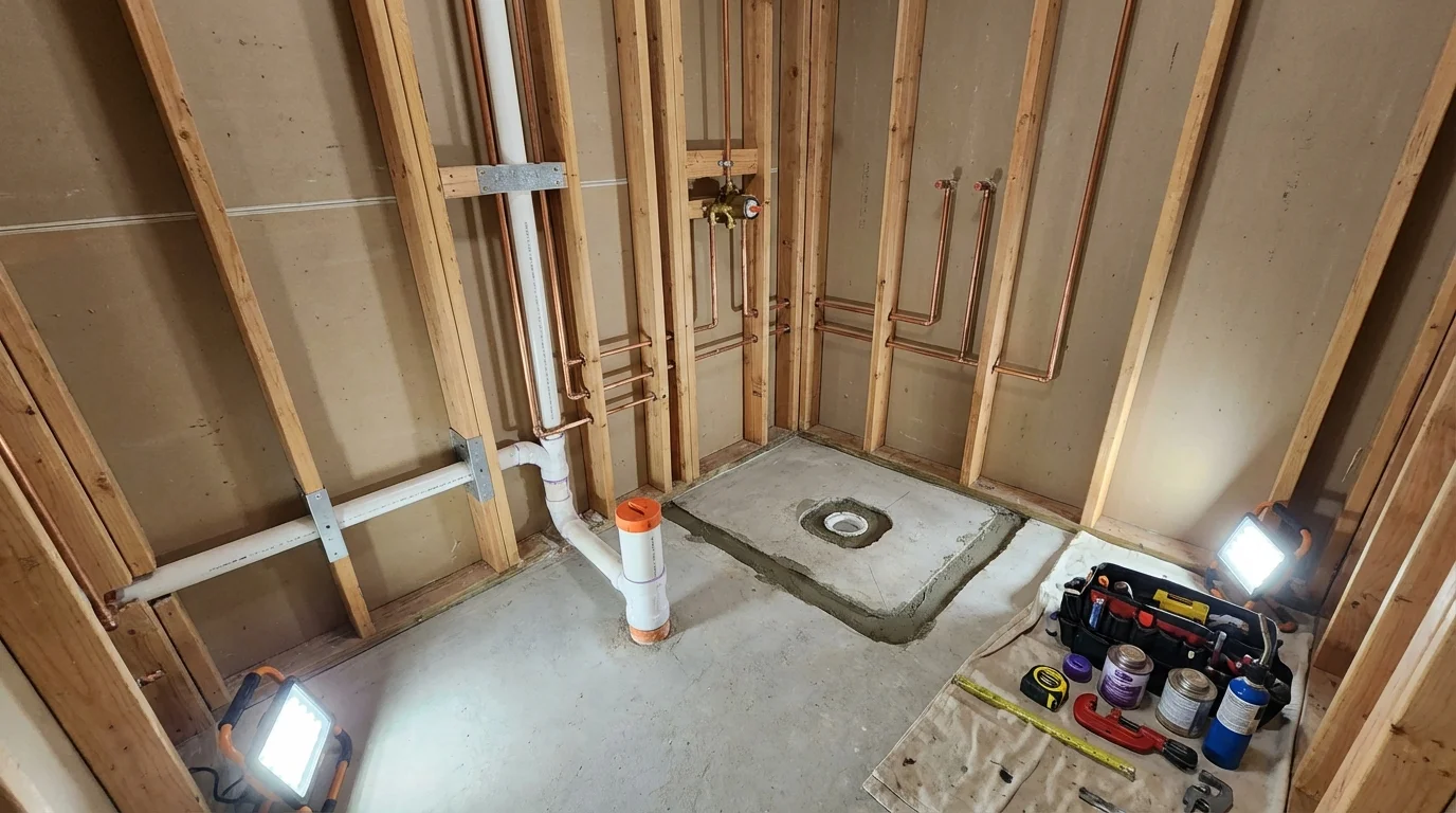 Bathroom rough-in plumbing during remodel by Johns Plumbing LLC in Worden