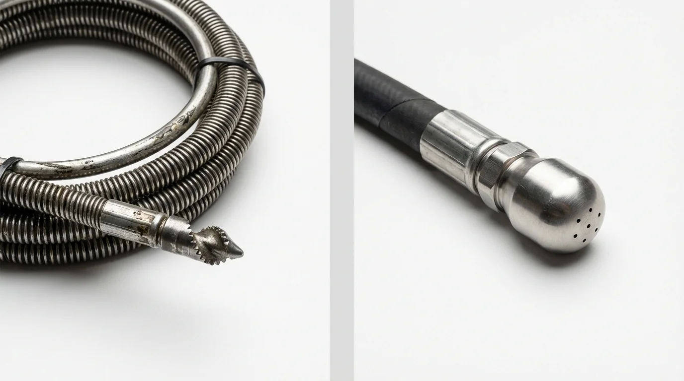 Drain snake cable and hydro jetting nozzle used for drain cleaning in Worden, IL