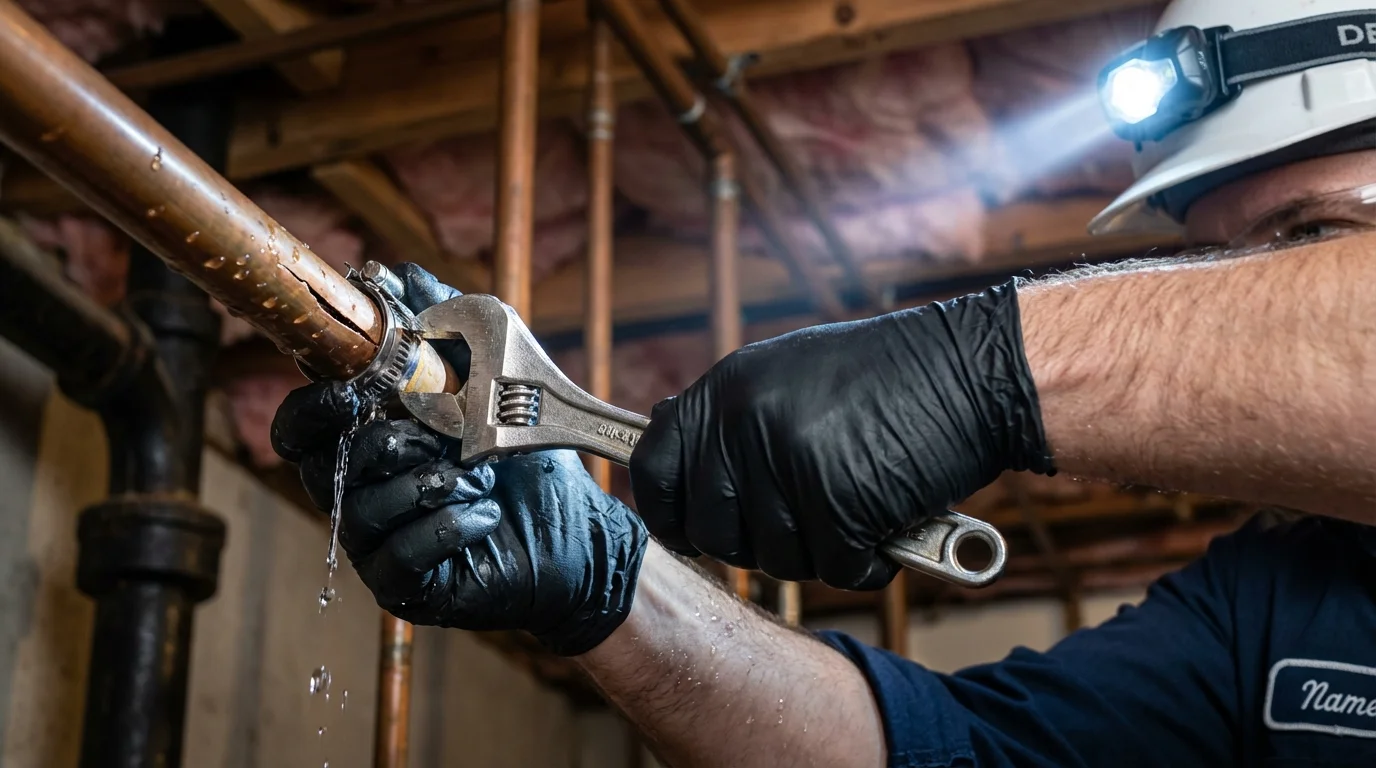 Emergency pipe clamp repair being performed by a Johns Plumbing LLC plumber in Worden