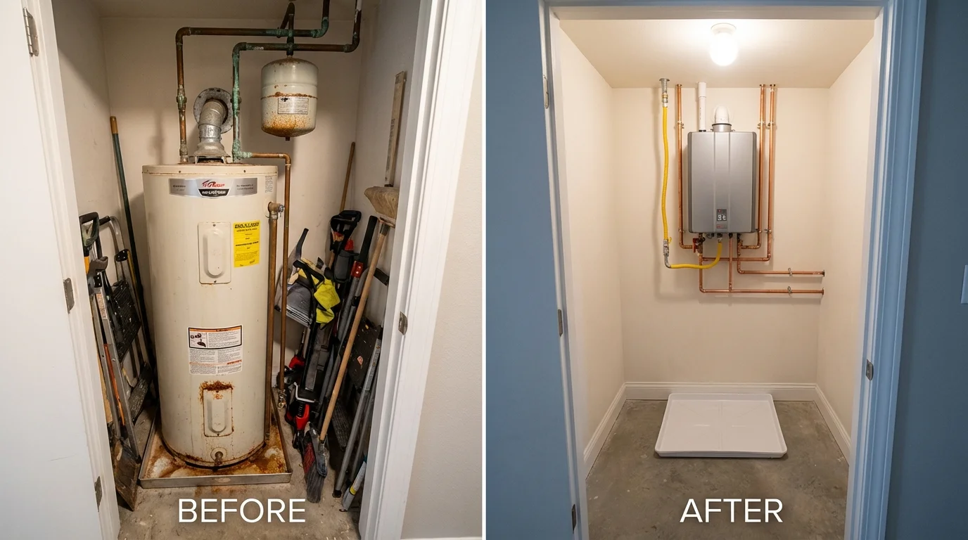 Tank water heater versus wall-mounted tankless unit comparison for Worden, IL homeowners