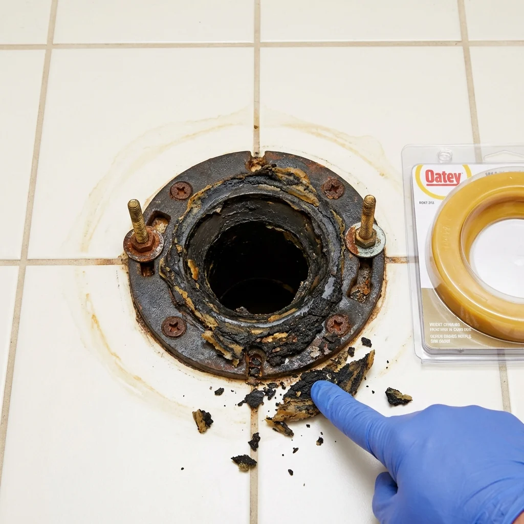 Failed wax ring showing water seepage at the base of a toilet in a Worden, IL home