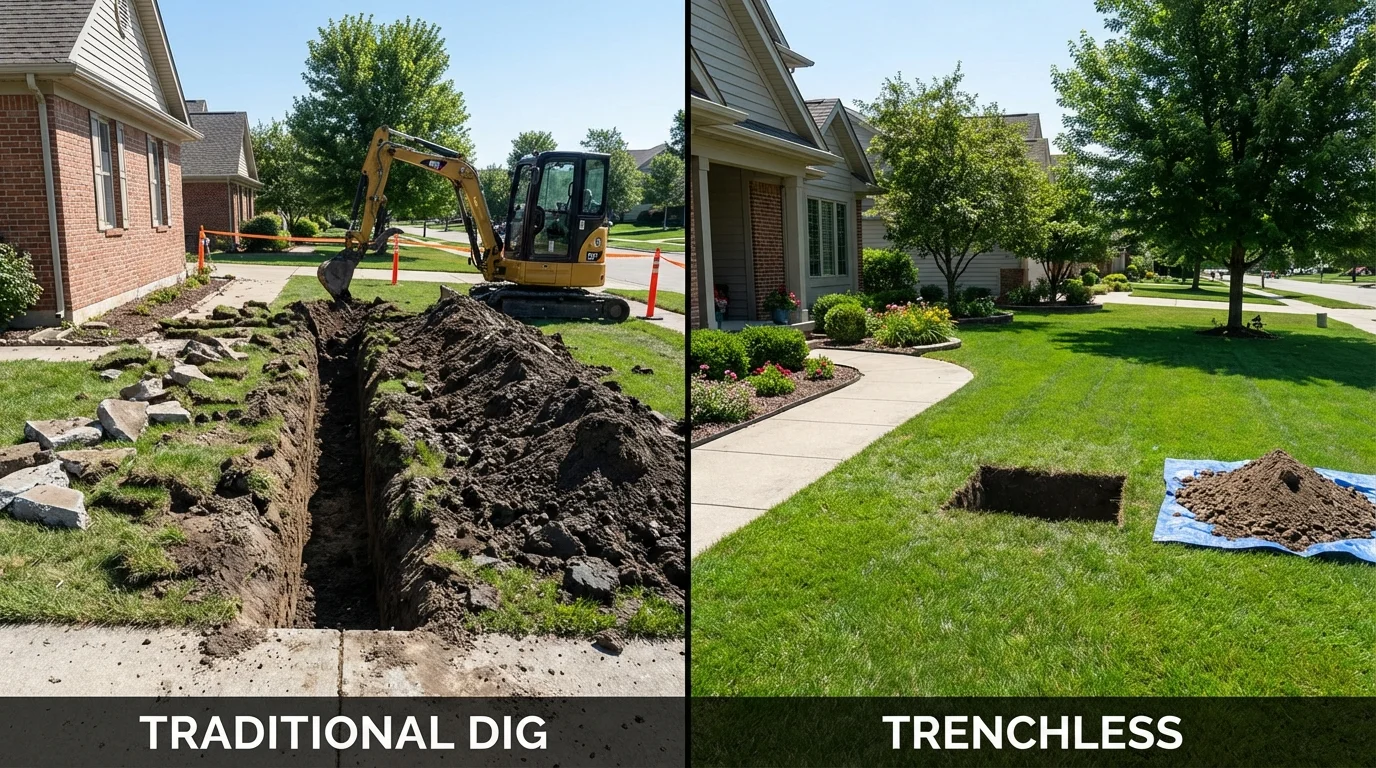 Trenchless sewer repair with minimal yard damage versus traditional excavation in Worden, IL