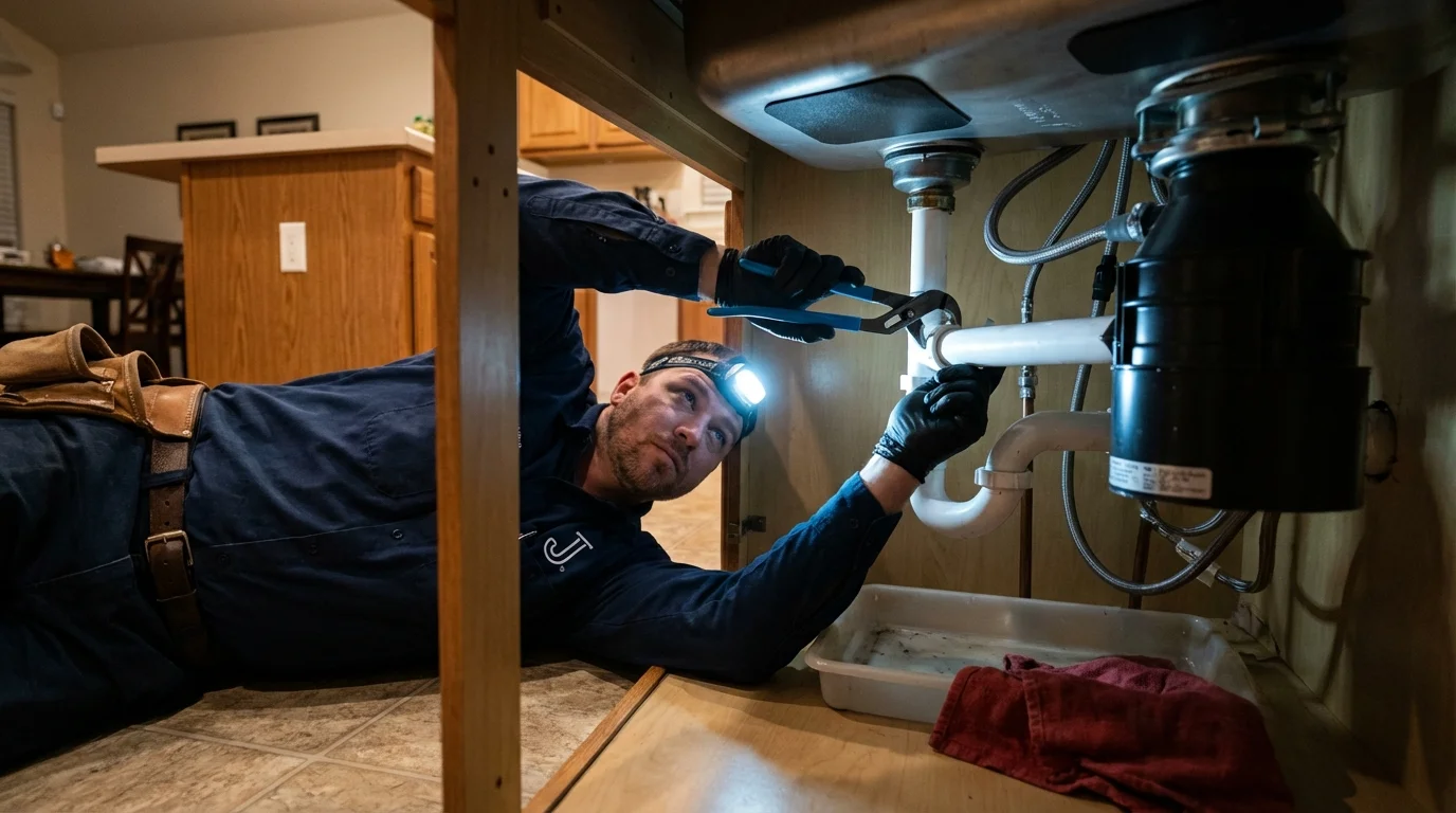 P-trap and supply line connections under a kitchen sink showing a common leak point in Worden, IL